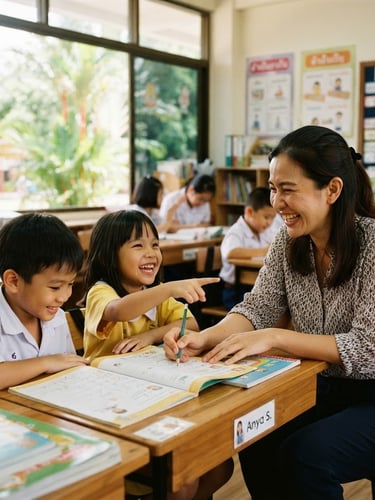 A smiling teacher interacting with students in a bright, modern classroom in Southeast Asia, natural daylight streaming in, shallow depth of field.