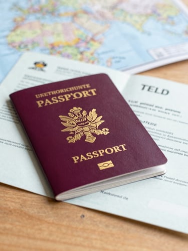 Close-up of a British passport and a TEFL certificate on a wooden table, with travel maps blurred in the background, natural daylight.