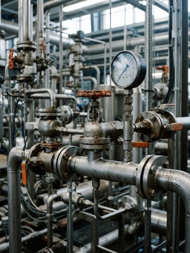 Close-up of industrial valves and pressure gauges in a chemical processing plant, cool daylight, sharp focus, technical engineering aesthetic, 35mm