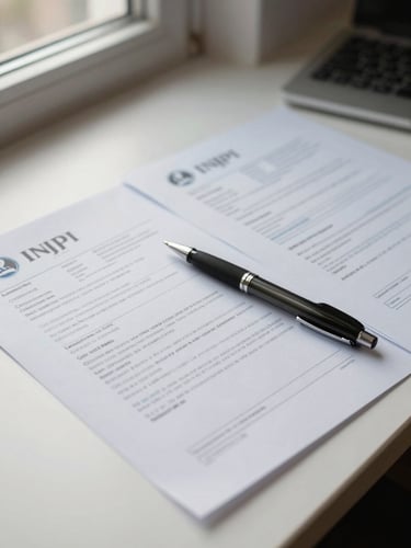 Close-up of trademark registration forms spread on a clean desk under natural window light, a pen resting across official INPI documents, organized and unhurried