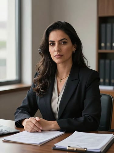 Close portrait of a Brazilian woman lawyer at her desk, natural window light from the left, looking directly at camera with calm confidence, legal documents visible on desk surface, muted office background, editorial framing
