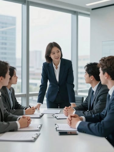 A professional meeting in a modern corporate office, natural daylight, cool blue tones, professional interactions, 35mm lens