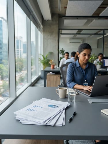 A bright, professional corporate workspace in India, natural light, clean documents on a slate gray desk, 35mm lens, sharp focus