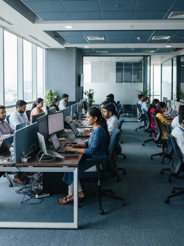 A bright corporate office workspace in India with natural daylight, structured desks, cool blue and gray tones, professional atmosphere, 35mm lens.