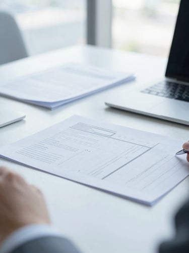 Professional consultation in a daylight-filled office, close-up of clean business planning documents and structured workspace, cool blue and gray tones.