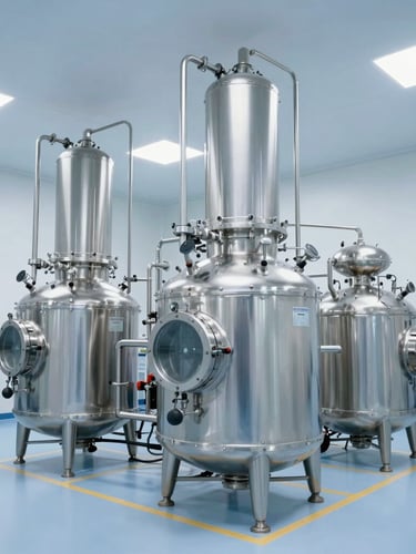 Immaculate industrial facility with stainless steel chemical reactors, bright clinical lighting, cool sterile blue tones, wide shot.