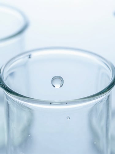 Macro close-up of clean laboratory glassware with clear chemical compound, clinical blue and white tones, sterile high-key lighting, sharp focus.