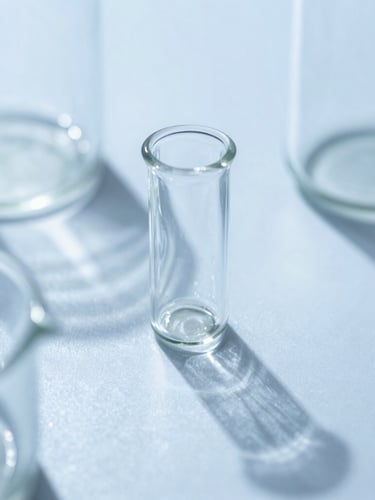 Macro close-up of sterile laboratory glassware with sharp shadows, bright clinical blue and white tones, sharp focus.