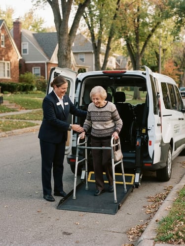 A professional driver in a neat uniform gently assisting an elderly passenger into a clean, modern wheelchair-accessible transport vehicle parked in a quiet Omaha residential neighborhood, soft natural daylight, 35mm lens.
