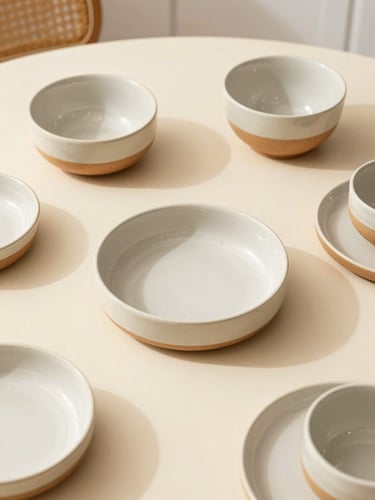 Overhead flat-lay of warm ceramic kitchenware on a soft cream table, bright natural daylight, inviting domestic atmosphere