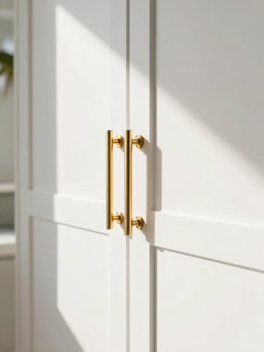 Straight-on close-up of a perfectly refinished modern cabinet door with clean gold hardware, bright natural Florida daylight streaming from the side, immaculate finish.