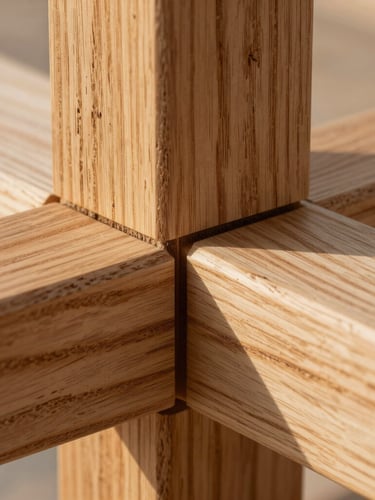 Extreme close-up of a perfectly aligned dovetail joint in restored cypress wood, natural coastal light highlighting the fine grain and precise craftsmanship.