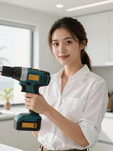 A professional portrait of a female contractor in a clean white shirt, holding a modern drill, bright natural Florida daylight streaming through a window, clean modern kitchen background, 35mm lens.