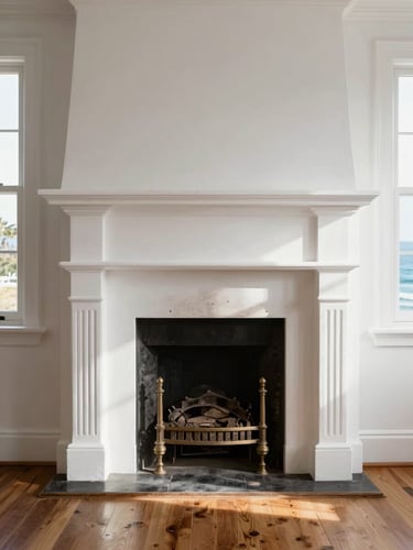 Straight-on architectural shot of a restored historical fireplace mantel, clean white plaster, polished heart-pine floor transition, warm coastal daylight streaming from a side window.