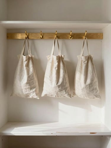 Straight-on architectural shot of a meticulously organized coastal mudroom, warm brushed-gold hooks holding linen bags, clean white oak bench, natural daylight streaming from the side.