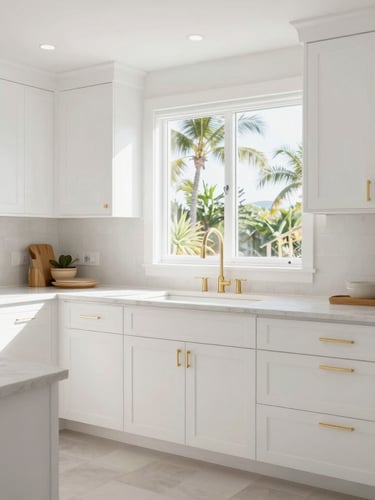 Bright editorial photography of a beautifully finished modern kitchen with pristine white cabinets and subtle gold hardware, natural Florida daylight streaming through a window.
