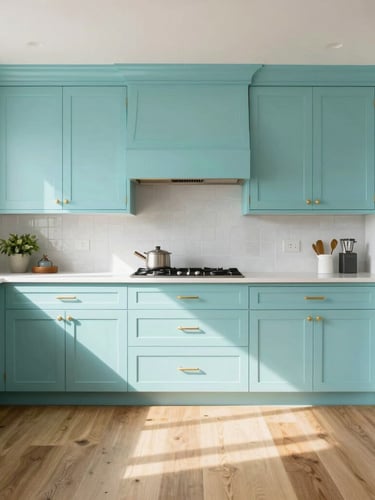 Straight-on architectural shot of a bright coastal kitchen with perfectly aligned custom cabinets in soft turquoise and warm brushed-gold hardware, natural daylight streaming onto a wide-plank oak floor.