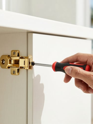 Close-up detail shot of hands using a high-quality screwdriver on a polished gold cabinet hinge, bright natural daylight, clean modern aesthetic