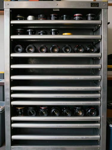 Straight-on architectural shot of a perfectly organized tool cabinet inside a clean garage, brushed metal brackets, symmetrical alignment, natural daylight.