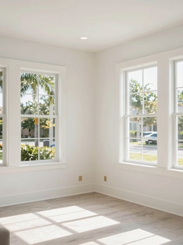 Bright editorial photography of a finished modern living room in Palm Coast, natural Florida daylight streaming through windows, pristine walls and clean lines.