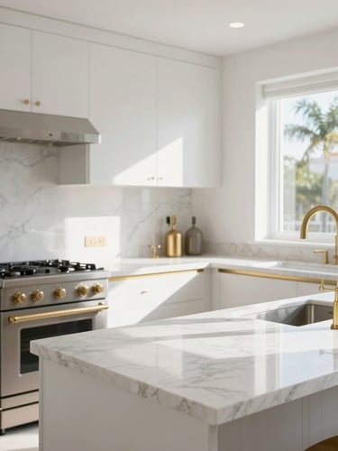 Bright editorial photography of a modern, clean Florida kitchen, natural daylight streaming onto pristine marble countertops, soft gold accents, 35mm lens.