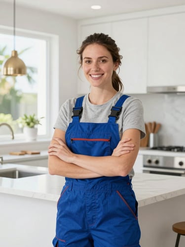 Bright editorial portrait of a professional female contractor smiling in a clean modern kitchen, natural Florida daylight, 35mm lens.