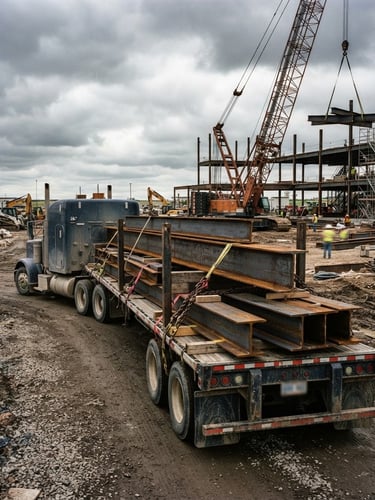 Heavy flatbed trailer loaded with structural steel beams on an active construction site, overcast South Dakota sky, industrial grit, 35mm