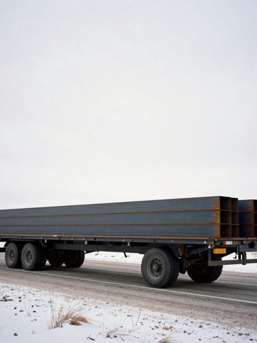 Flatbed trailer carrying raw steel beams across a snow-dusted South Dakota highway under heavy overcast winter daylight, gritty industrial photography, 35mm