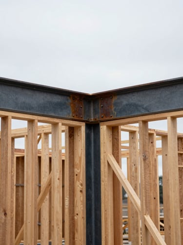 Active remodeling job site in South Dakota, raw timber framing exposed, natural overcast daylight, sharp focus on structural steel connections, 35mm