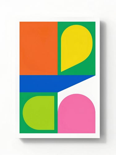 Bright high-key studio photography of a bold graphic design poster on a clean white background, sharp direct sunlight with defined shadows