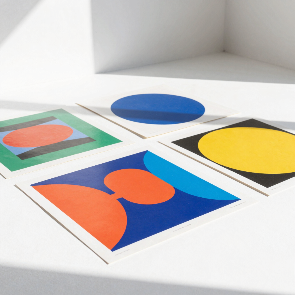 Bright high-key studio photography of a designer arranging bold graphic posters on a clean white floor, sharp direct afternoon sunlight casting defined shadows, 35mm lens
