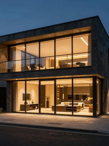 Dramatic night photography of a completed modern modular estate with warm interior lighting glowing through floor-to-ceiling glass.