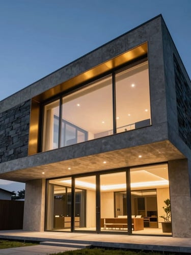 Low-angle twilight wide shot of a monolithic concrete and dark slate modular villa with floor-to-ceiling glass glowing with warm interior light, architectural brass trim.