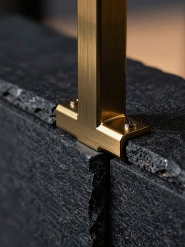 Macro close-up of a precision-engineered structural joint, dark brushed brass and charcoal slate materials meeting at perfect tolerances, dramatic side lighting, high-contrast architectural render, 35mm