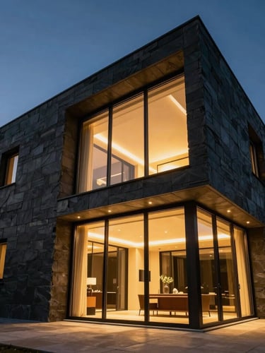 Dramatic low-angle twilight photograph of a modular luxury villa, warm golden lights glowing through floor-to-ceiling glass, dark slate monolithic walls