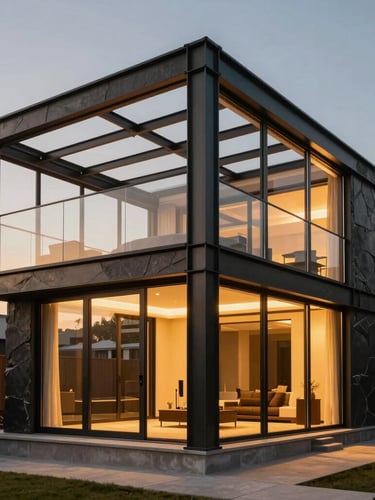 Close-up architectural render of a modular luxury villa steel frame being assembled under dramatic golden-hour side lighting.
