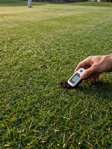 Macro detail shot of a turf manager testing soil moisture on a putting green, early morning crisp light, hands holding a digital sensor, deep forest green grass, 35mm.