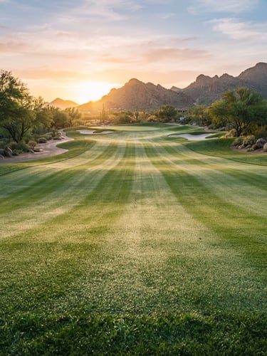 Wide-angle landscape shot of a pristine golf course fairway at dawn, perfect green turf lines with early morning dew shining in golden-hour light, Scottsdale backdrop, 35mm.