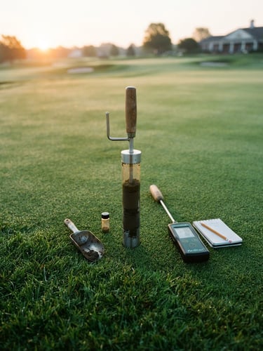 A close-up of soil testing equipment on a pristine golf green at dawn, early morning golden-hour light, crisp editorial photography, portrait crop