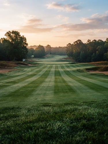 Wide-angle editorial photograph of a pristine, empty fairway at dawn with perfect turf lines, low-angle early morning golden-hour light highlighting dew, 35mm