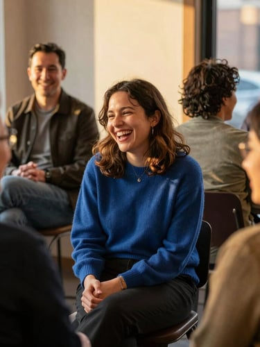 Medium-close candid shot of diverse Evanston residents, artists, and business owners laughing and interacting at a warmly lit indoor gathering, warm golden-hour ambient light, 35mm.