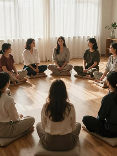 Wide shot of a small circle of women seated on cushions in a warmly lit room, hands resting on knees, afternoon light through sheer curtains, calm and unhurried, no faces visible, intimate community atmosphere
