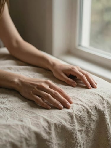 Close frame, warm north-facing window light flooding from the right, a woman's hands resting open on a linen-draped surface, soft cream fabric, quiet and still, intimate domestic calm