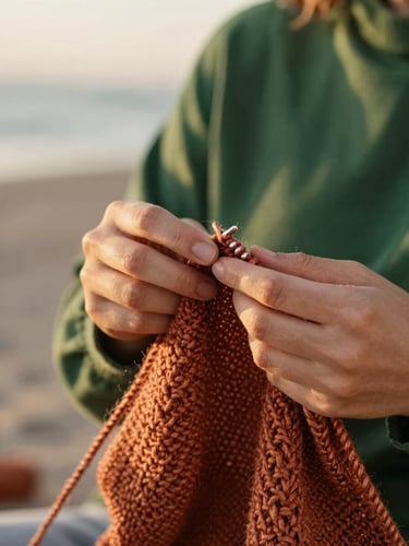 Close-up of hands knitting with textured terracotta wool, soft warm golden hour light, shallow depth of field, cozy domestic background