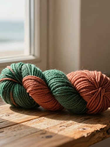 Textured skeins of forest green and dusty terracotta wool resting on a rustic wooden surface by a window with soft shadows, warm editorial photography