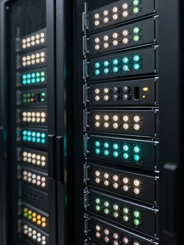 Extreme close-up of high-density server racks, active cool white and cyan status lights casting sharp shadows in a dark Manhattan data center.