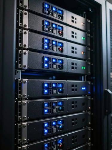 Extreme close-up of a high-density server rack in a Manhattan data center, cool blue status lights casting sharp shadows on dark metal chassis, technical precision, low-key lighting.