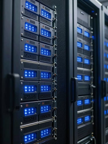 Extreme close-up of high-density server racks inside a Manhattan data center, cool blue status lights casting sharp shadows on dark steel hardware, technical precision framing.