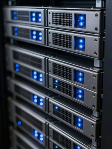 Extreme close-up of a high-density server rack, cool blue status lights blinking, clean metallic edges, sharp shadows, low-key technical lighting.