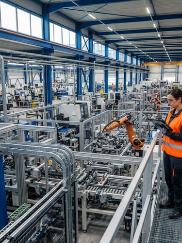 Wide shot of a modern industrial plant interior, clean and well-lit, with heavy machinery in operation, an engineer in high-vis vest observing from the right side, sharp focus, corporate blue and metallic tones, bright neutral daylight, 35mm